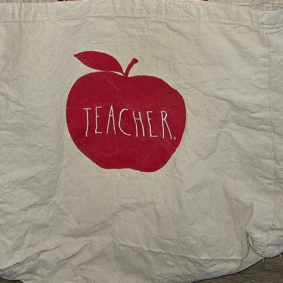 Rae Dunn Large Beige Canvas Teacher Tote Bag Red Apple Reuseable - Picture 7 of 8